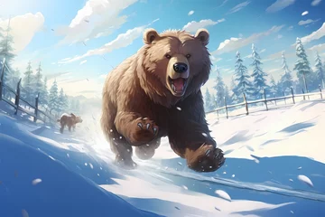 Foto op Canvas anime style illustration,a bear running in the snow © Julaini
