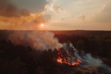 Obraz premium Wildforest fire burning forest trees eecological disaster smoke aerial view from helicopter danger death animals damage hazard blaze pollution tragedy