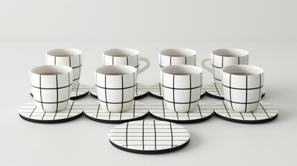 Blank mockup of a set of eight coasters with a minimalist black and white grid design. .
