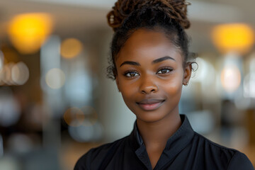 The receptionist stood with a sincere, confident smile in front of the hotel. It is the first thing that creates an impression on guests staying at this hotel which is the first basis of service work. - obrazy, fototapety, plakaty
