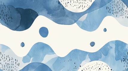 Abstract art with overlapping watercolor circles and wavy in varying shades of blue.