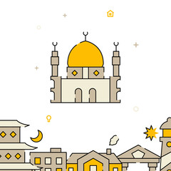 Mosque with minarets filled line vector icon, simple illustration, related bottom border.