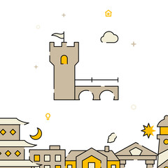 Fortress with bridge filled line vector icon, simple illustration, related bottom border.