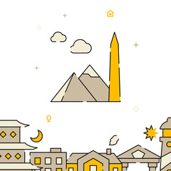 Egyptian pyramids and obelisk filled line vector icon, simple illustration, related bottom border.
