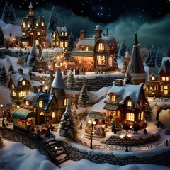 Christmas and New Year miniature village with snow in the night. Digital painting.