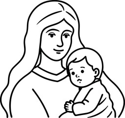 mother holding her baby in her arms, maternal, mother, maternity feeling, vector drawing, motherly