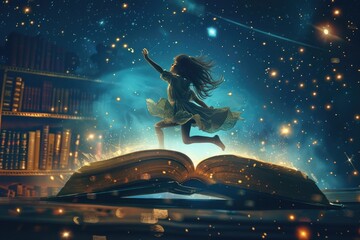 Little girl flying on the big magic book in library universe with shining stars background,...