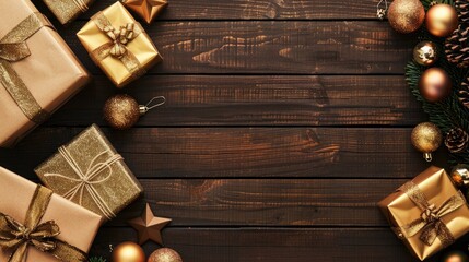 Arrangement of gift boxes and golden ornaments on a wooden surface for text placement