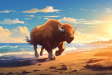 cartoon illustration, a buffalo is running on the beach - obrazy, fototapety, plakaty