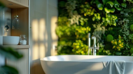 A bathroom with a living plant wall adding a touch of nature to a typically sterile space. .