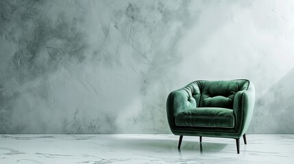 A plush, green velvet upholstery armchair, epitomizing modern luxury, set against a clean isolated backdrop