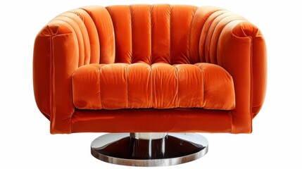 A sumptuous orange velvet armchair blending vintage charm with a contemporary metal base, isolated background