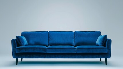 Fototapeta premium A three-seat couch in vibrant blue velvet, perfect union of luxury and modern design, isolated on a minimalist background