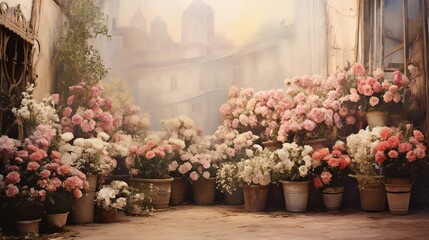Artistically faded photograph of a flower market with bouquets of peonies and daisies, reminiscent of early 20thcentury street scenes - obrazy, fototapety, plakaty