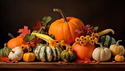 Artistic still life of assorted pumpkins and gourds, arranged with fall leaves and natural light, emphasizing texture and seasonal colors - obrazy, fototapety, plakaty