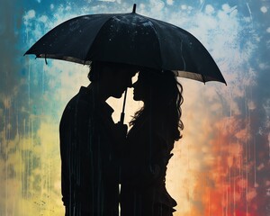 Closeup of a couple under an umbrella, sharing a kiss with a faint rainbow in the misty background, romantic and serene
