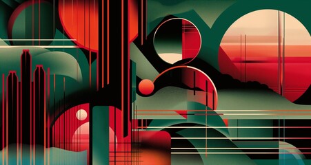 Art Deco style poster with bold, graphic designs and a dynamic, colorful design