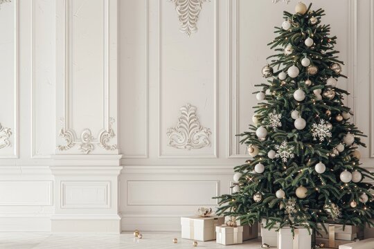 A Christmas tree decorated with white and gold ornament. Generate AI image