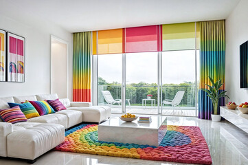 modern interior design living room mockup sofa table couch windows furniture rainbow color