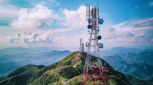 A tall tower with a red and white stripe on it is on top of a hill. The sky is blue and there are clouds in the background. Concept of height and power, as well as a connection to nature