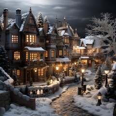 Winter village at night with wooden houses, lanterns and snowflakes