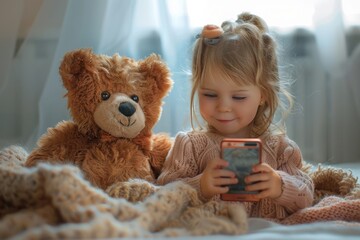 Little girl taking photo to teddy bear from home