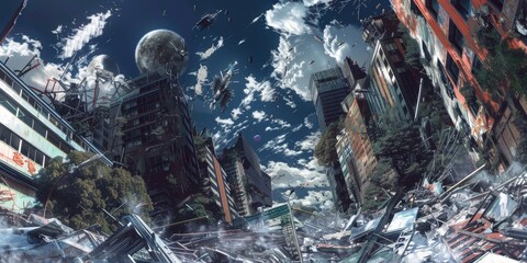 Breathtaking Anime Landscape in Dramatic Perspective - obrazy, fototapety, plakaty