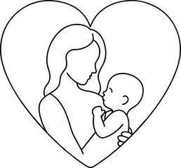 continuous line drawing of mother holding baby in heart shape, outlined art, simple line art, coloring book outline