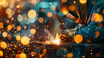 A man is working with a piece of metal, creating sparks and heat. Concept of hard work and dedication, as the man is focused on his task. The sparks and heat also suggest that the work is intense - obrazy, fototapety, plakaty