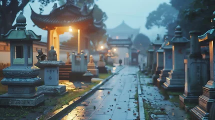 Fotobehang Randomly arranged traditional Chinese graves under soft lighting, showcased in stunning 4K clarity, with a perfectly noiseless background, © Saranpong