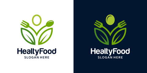 Healthy food logo design template. Spoon fork with natural leaves for Organic food logo design graphic vector illustration. Symbol, icon, creative.
