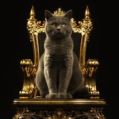 A royal cat sitting atop a shimmering gold throne, its fur contrasted against the black ground, visualized in highdefinition 4K, serene and noiseless,
