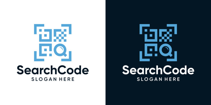 Search barcode logo design template. QR code with magnifying glass logo design graphic vector illustration. Symbol, icon, creative.