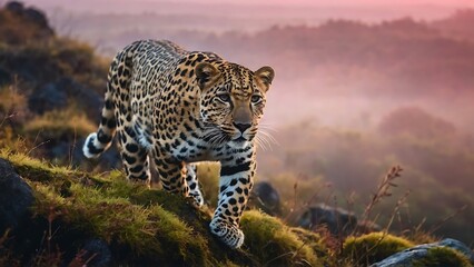 Leopard standing on a rock Misty fog forest beautiful landscape in the mountains. 