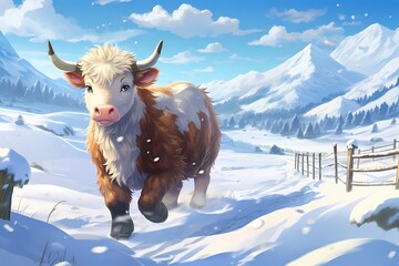 cartoon illustration, a cow is running in the snow
