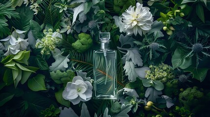 Natural Elegance: Glass Bottle and Lush Botanical Display