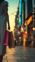 Close up of hand which holded shopping bags by young woman. Girl is standing and hold lot of colorful shopping bags in her hand and waiting for her friends. Holiday shopping concept.