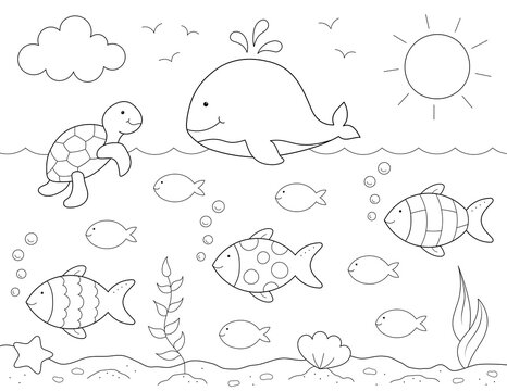 ocean theme coloring page for kids. you can print it on standard 8.5x11 inch paper