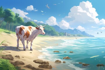 cartoon illustration, a cow is running on the beach - obrazy, fototapety, plakaty