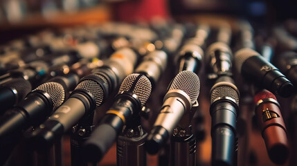 Various microphones aligned at press conference. - obrazy, fototapety, plakaty