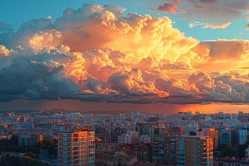 Majestic view of cumulus clouds floating over city at orange sundown in evening in Madrid - obrazy, fototapety, plakaty