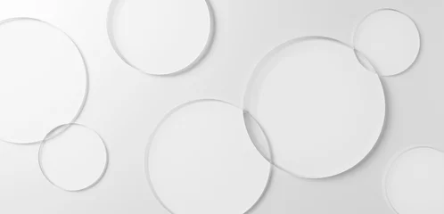 Fotobehang 白背景に円形のガラスが複数配置された背景素材。俯瞰。コピースペース。3D（横長） © nanako