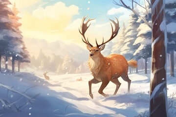 cartoon illustration, a deer is running in the snow