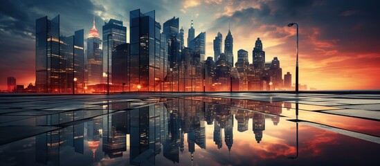 modern office building with glass facade at sunset. - obrazy, fototapety, plakaty