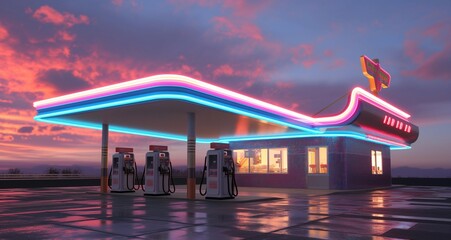Classic Art Deco fuel station with streamlined pumps, mosaic roof, and vibrant neon lights - obrazy, fototapety, plakaty