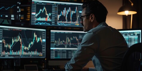 Businessman at the computer with multiple monitors graph financial on screen. Generate AI image