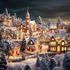 Winter village with houses and trees in snow at night. 3d rendering