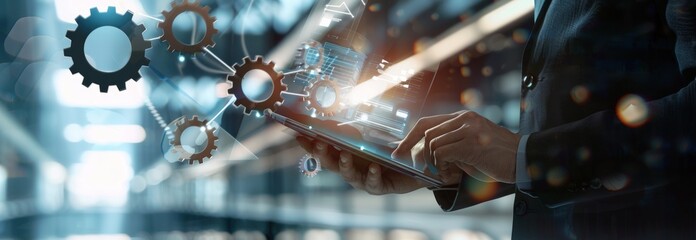 Businessman using a tablet and virtual digital screen. Generate AI image