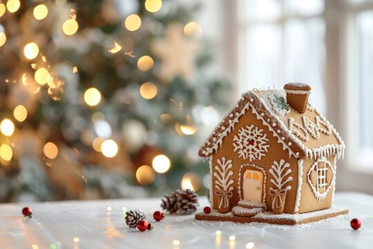 Christmas gingerbread house on white table. Generate AI image
