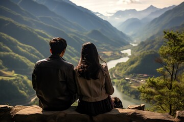 Fototapeta premium Asian couple enjoying a quiet moment on a mountain overlook, nature and relationship, serene view